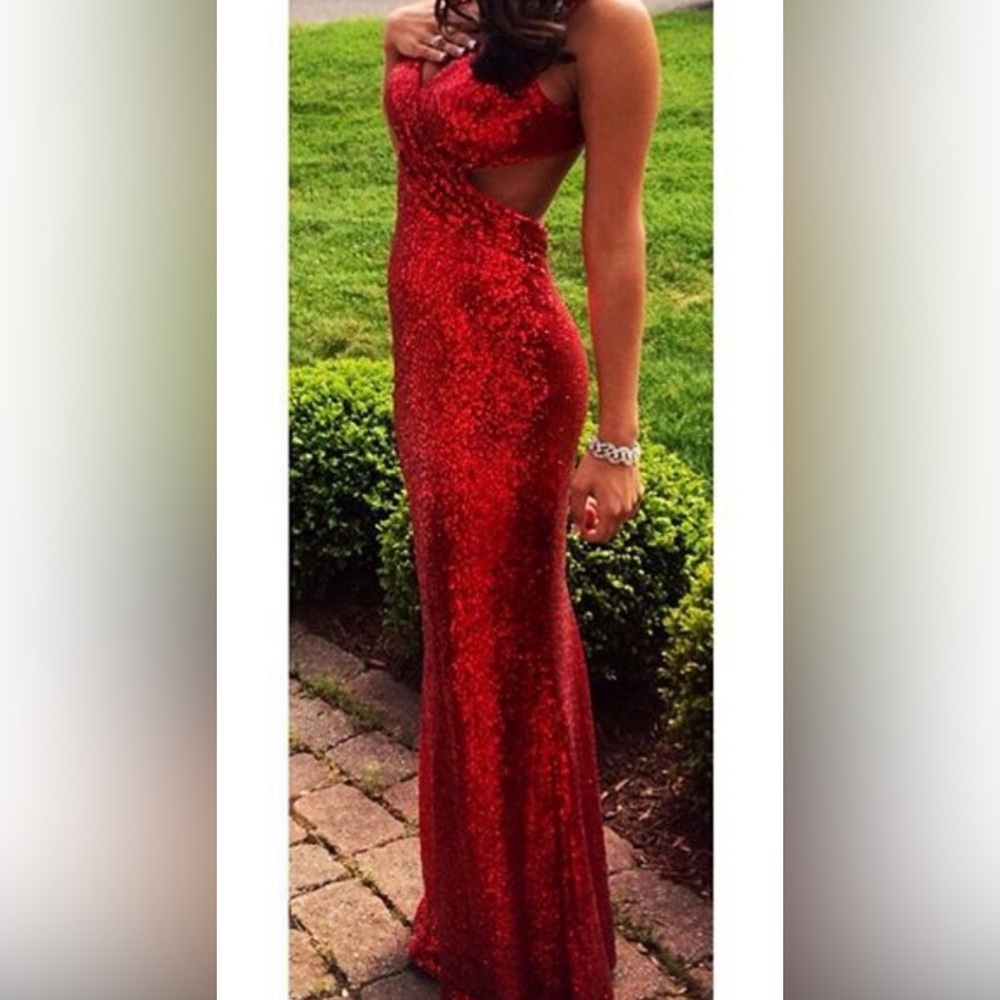 Faviana Red Sequin Evening Gown Prom Dress